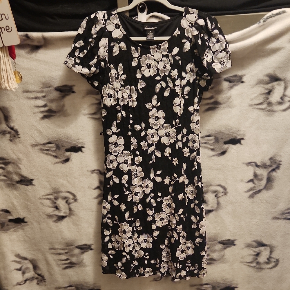 Calvin Klein Black and White Puff Sleeve Sheath Dress